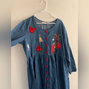 Vintage Christmas Denim Dress Red Accents Holiday Themed Patchwork size 18